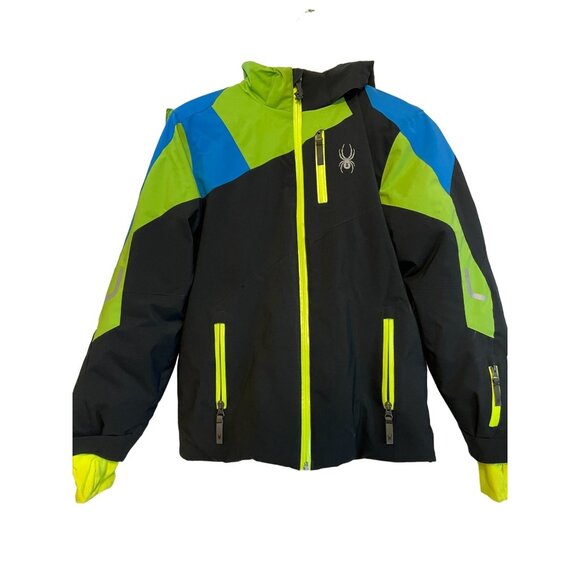 Spyder Kids Sz L 16 Ski Snow Jacket  Coat Black/Blue/Green Waterproof Warm Hood - Picture 1 of 6